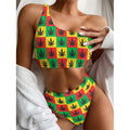 Reggae Marijuana Leaf Pattern Print One Shoulder Bikini Set