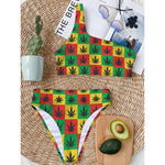 Reggae Marijuana Leaf Pattern Print One Shoulder Bikini Top