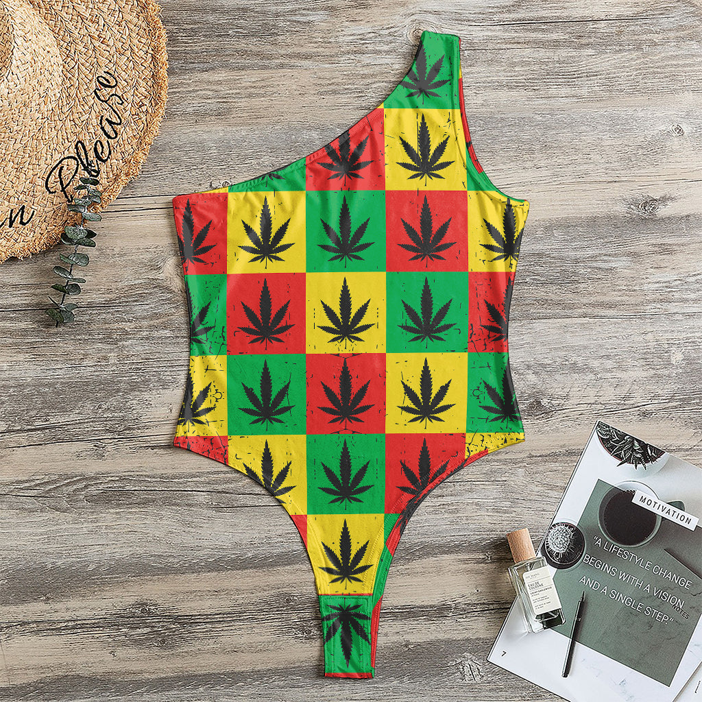 Reggae Marijuana Leaf Pattern Print One Shoulder Bodysuit