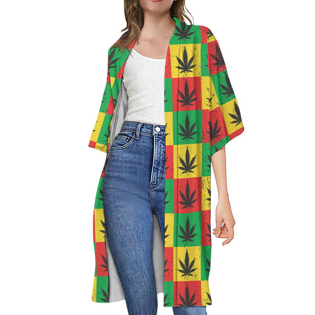 Reggae Marijuana Leaf Pattern Print Open Front Beach Cover Up