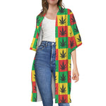 Reggae Marijuana Leaf Pattern Print Open Front Beach Cover Up