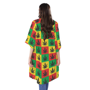 Reggae Marijuana Leaf Pattern Print Open Front Beach Cover Up