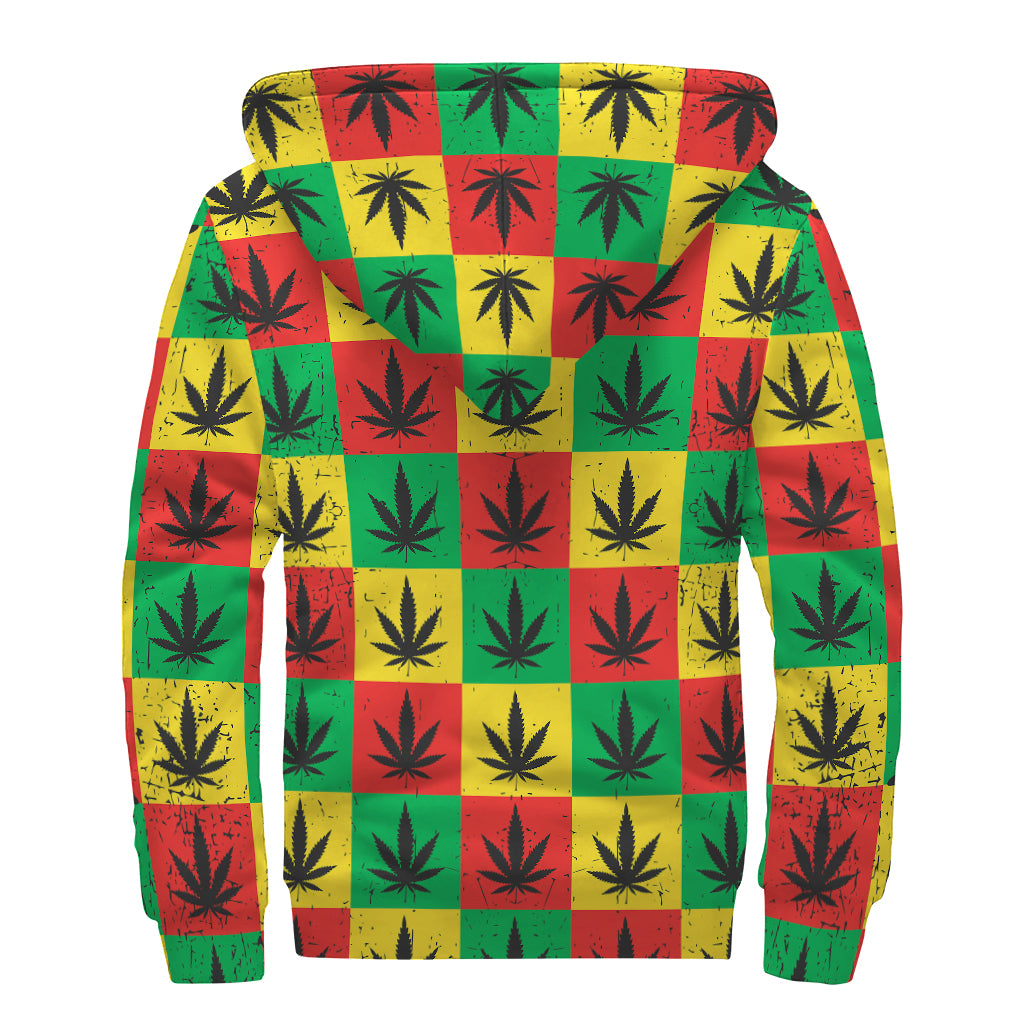 Reggae Marijuana Leaf Pattern Print Sherpa Lined Zip Up Hoodie