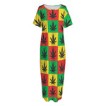 Reggae Marijuana Leaf Pattern Print Short Sleeve Long Nightdress
