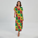 Reggae Marijuana Leaf Pattern Print Short Sleeve Maxi Dress