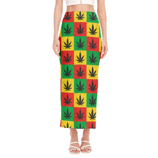 Reggae Marijuana Leaf Pattern Print Side Slit Maxi Skirt