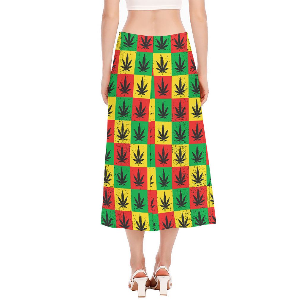 Reggae Marijuana Leaf Pattern Print Side Slit Midi Skirt