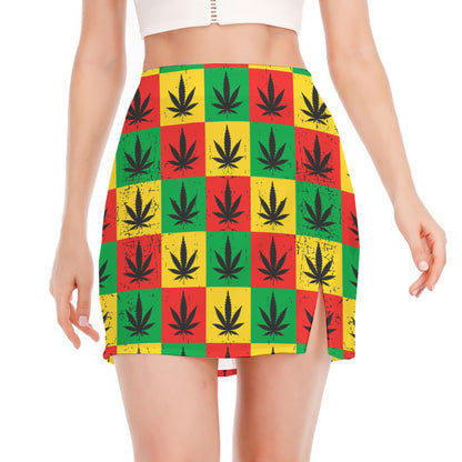 Reggae Marijuana Leaf Pattern Print Side Slit Mini Skirt
