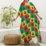 Reggae Marijuana Leaf Pattern Print Silk V-Neck Kaftan Dress