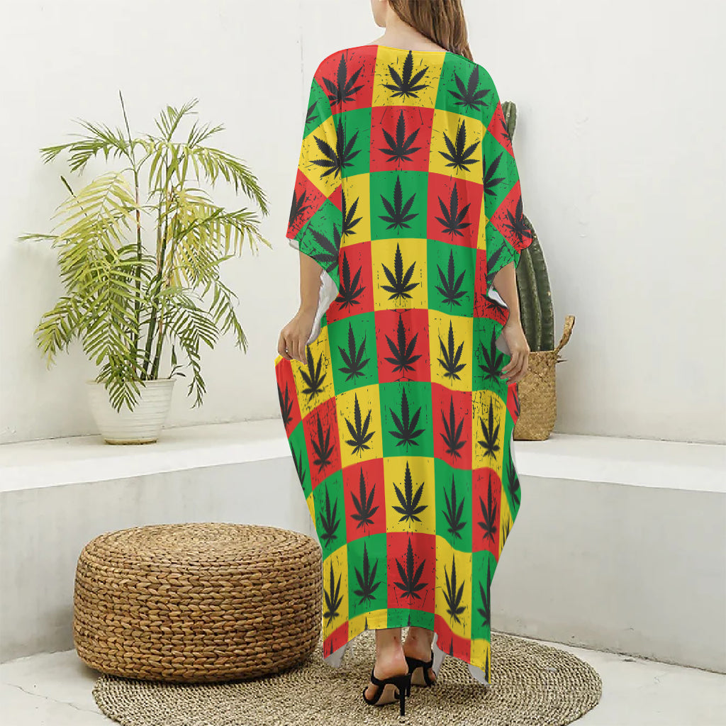 Reggae Marijuana Leaf Pattern Print Silk V-Neck Kaftan Dress