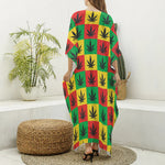 Reggae Marijuana Leaf Pattern Print Silk V-Neck Kaftan Dress