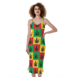 Reggae Marijuana Leaf Pattern Print Slim Fit Midi Cami Dress