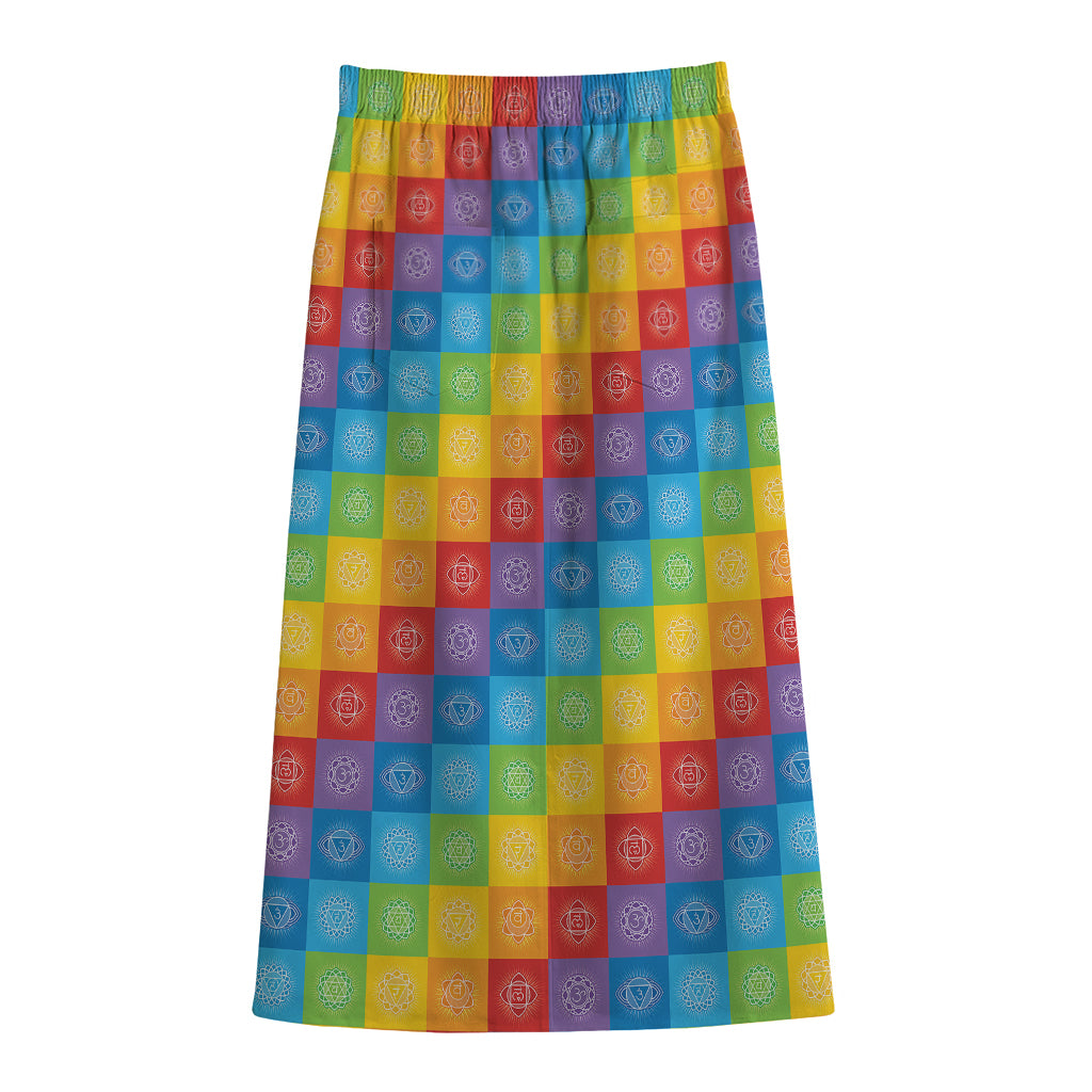 Reiki And The 7 Chakras Pattern Print Cotton Front Slit Maxi Skirt