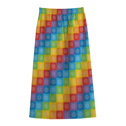Reiki And The 7 Chakras Pattern Print Cotton Front Slit Maxi Skirt