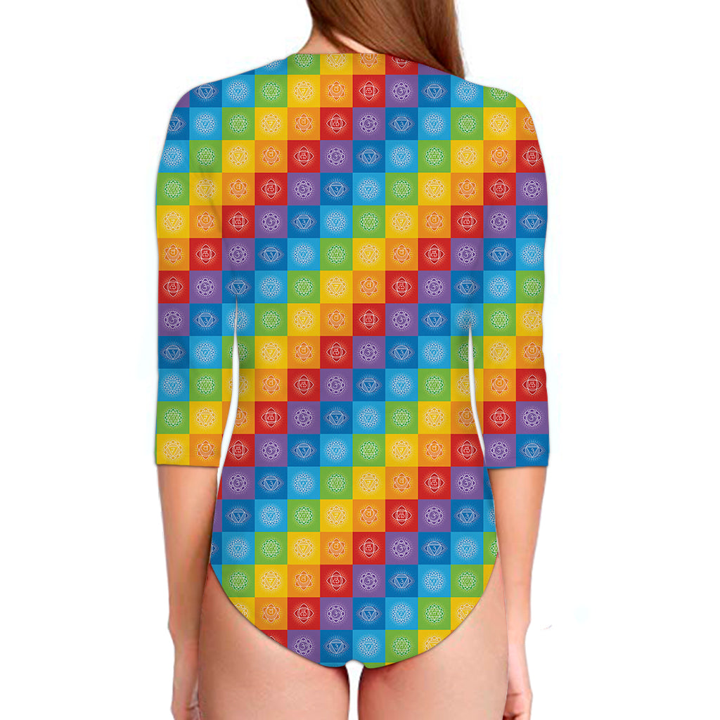 Reiki And The 7 Chakras Pattern Print Long Sleeve Swimsuit