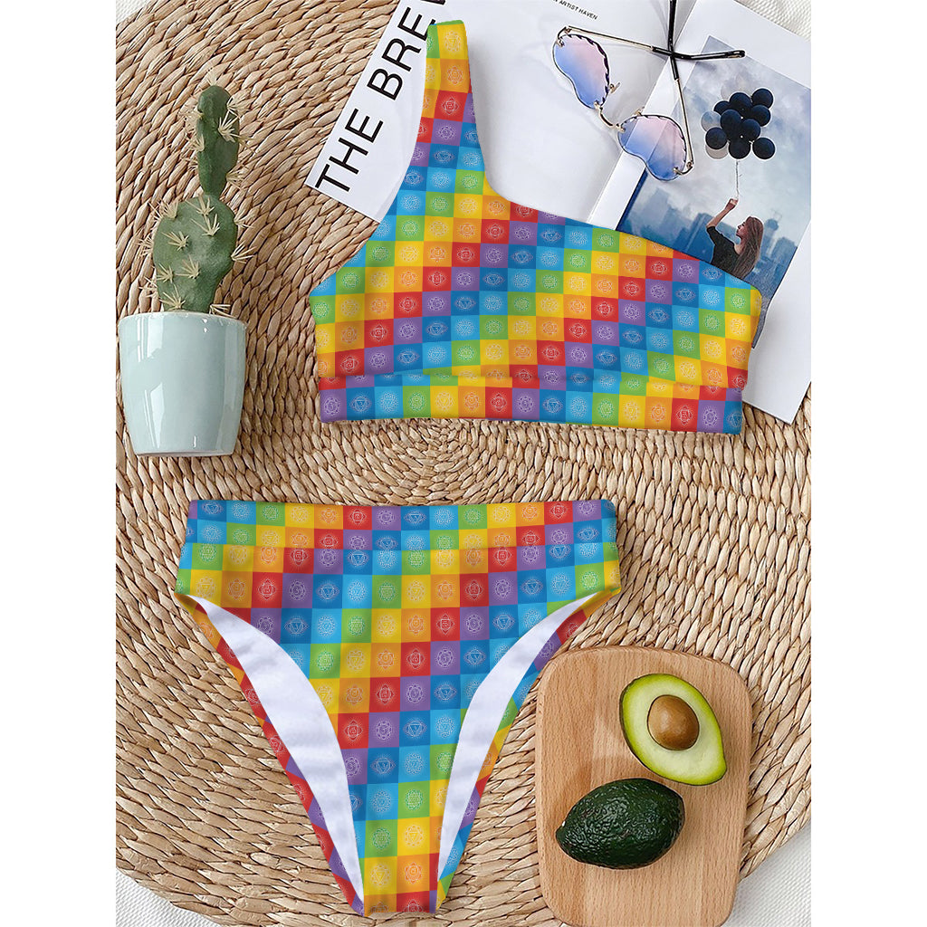 Reiki And The 7 Chakras Pattern Print One Shoulder Bikini Top