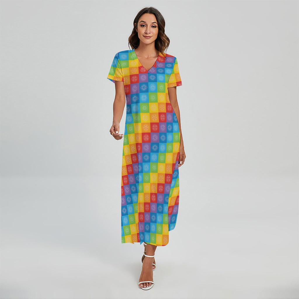 Reiki And The 7 Chakras Pattern Print Short Sleeve Maxi Dress