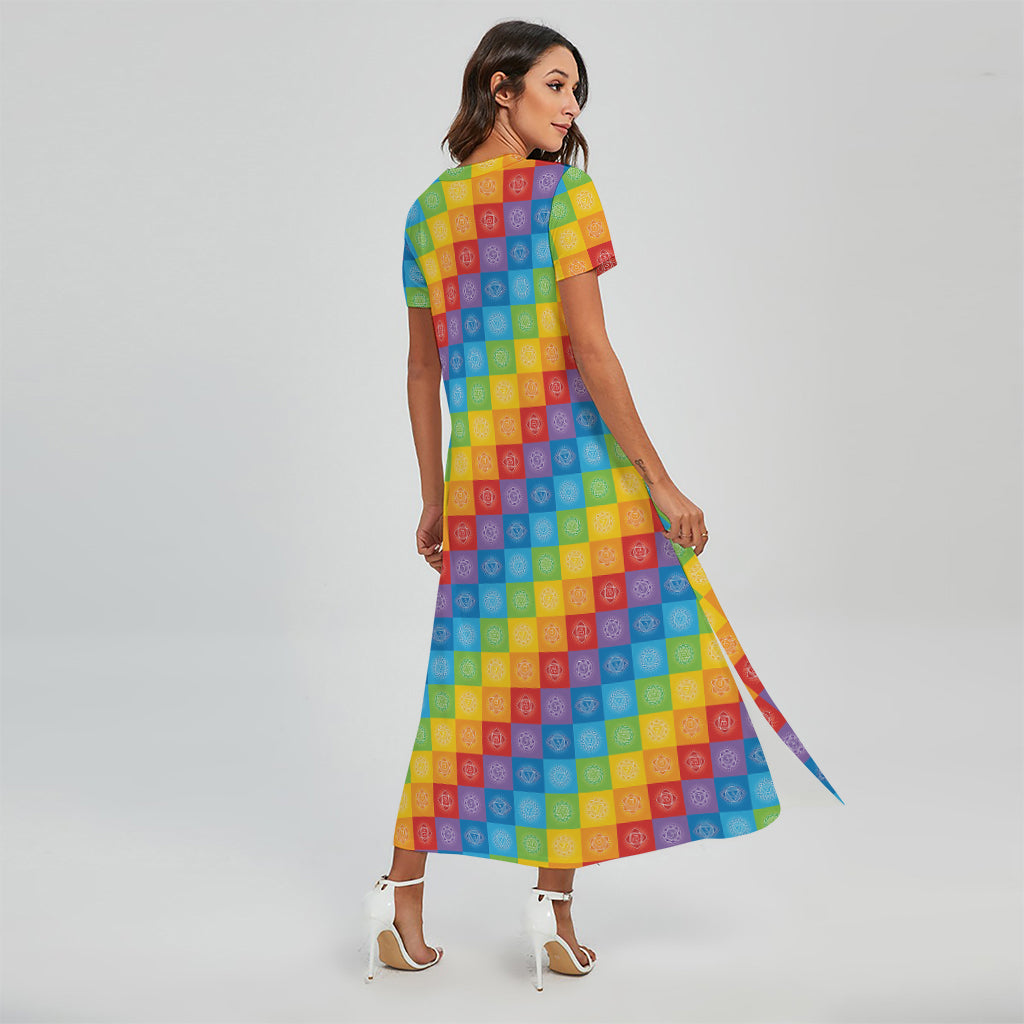 Reiki And The 7 Chakras Pattern Print Short Sleeve Maxi Dress