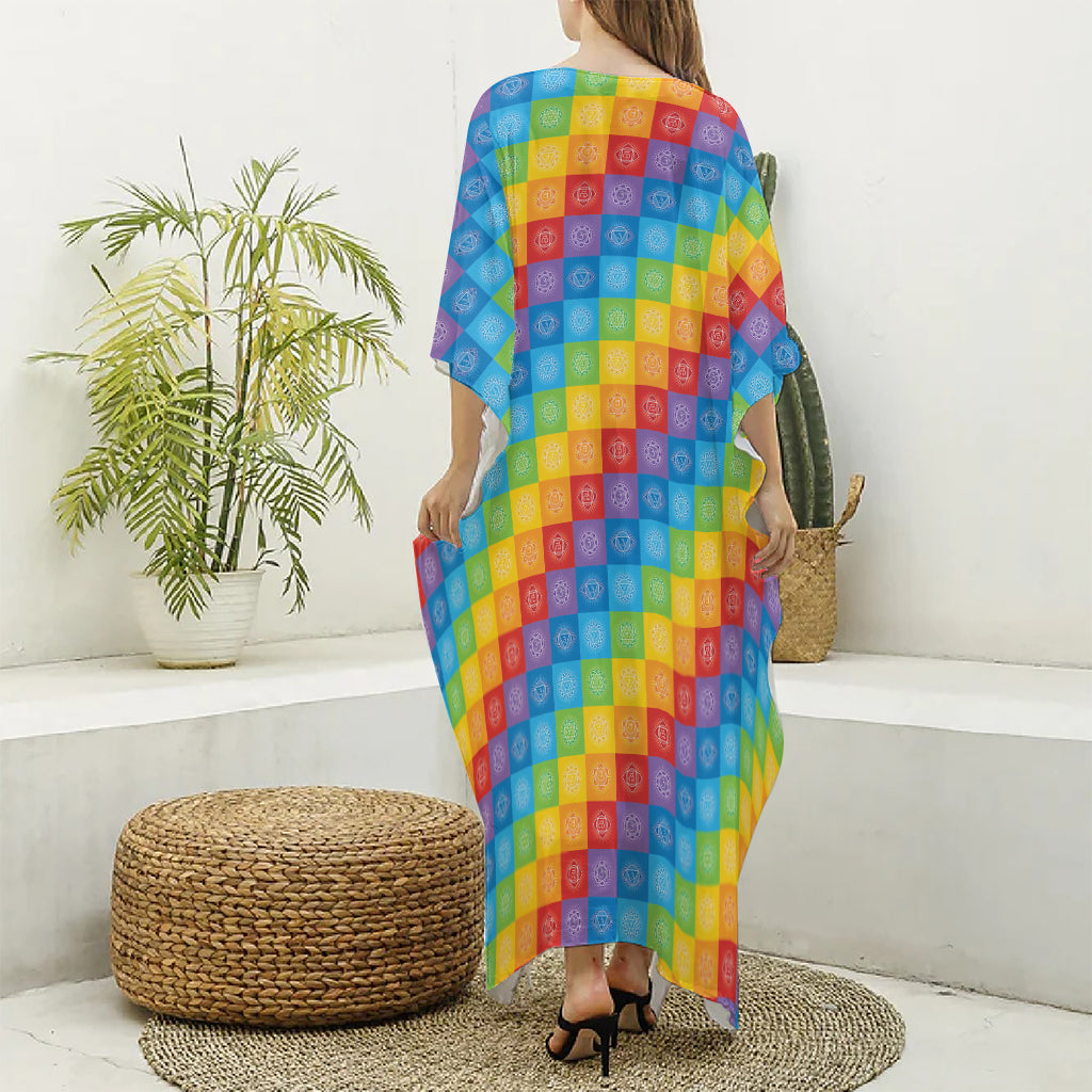 Reiki And The 7 Chakras Pattern Print Silk V-Neck Kaftan Dress