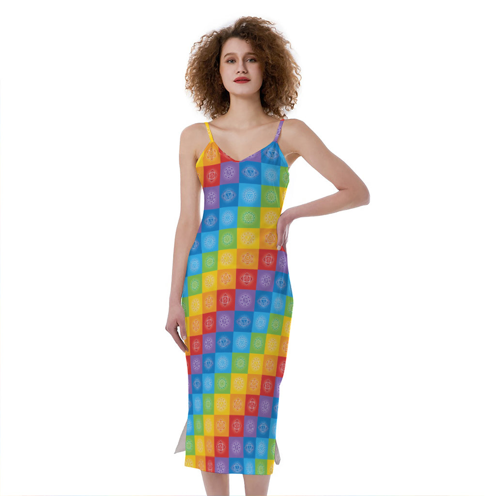 Reiki And The 7 Chakras Pattern Print Slim Fit Midi Cami Dress