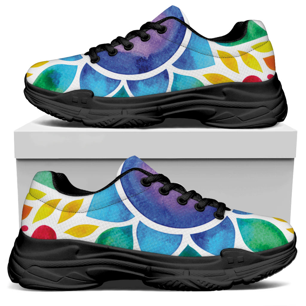 Reiki Chakra Flower Print Black Chunky Shoes