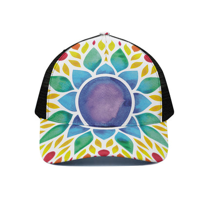 Reiki Chakra Flower Print Black Mesh Trucker Cap