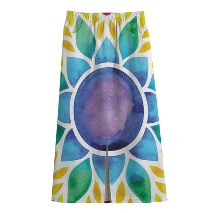 Reiki Chakra Flower Print Cotton Front Slit Maxi Skirt
