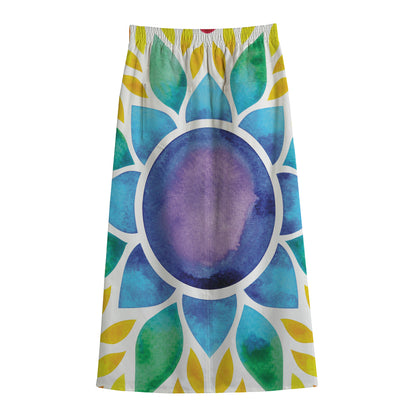 Reiki Chakra Flower Print Cotton Front Slit Maxi Skirt