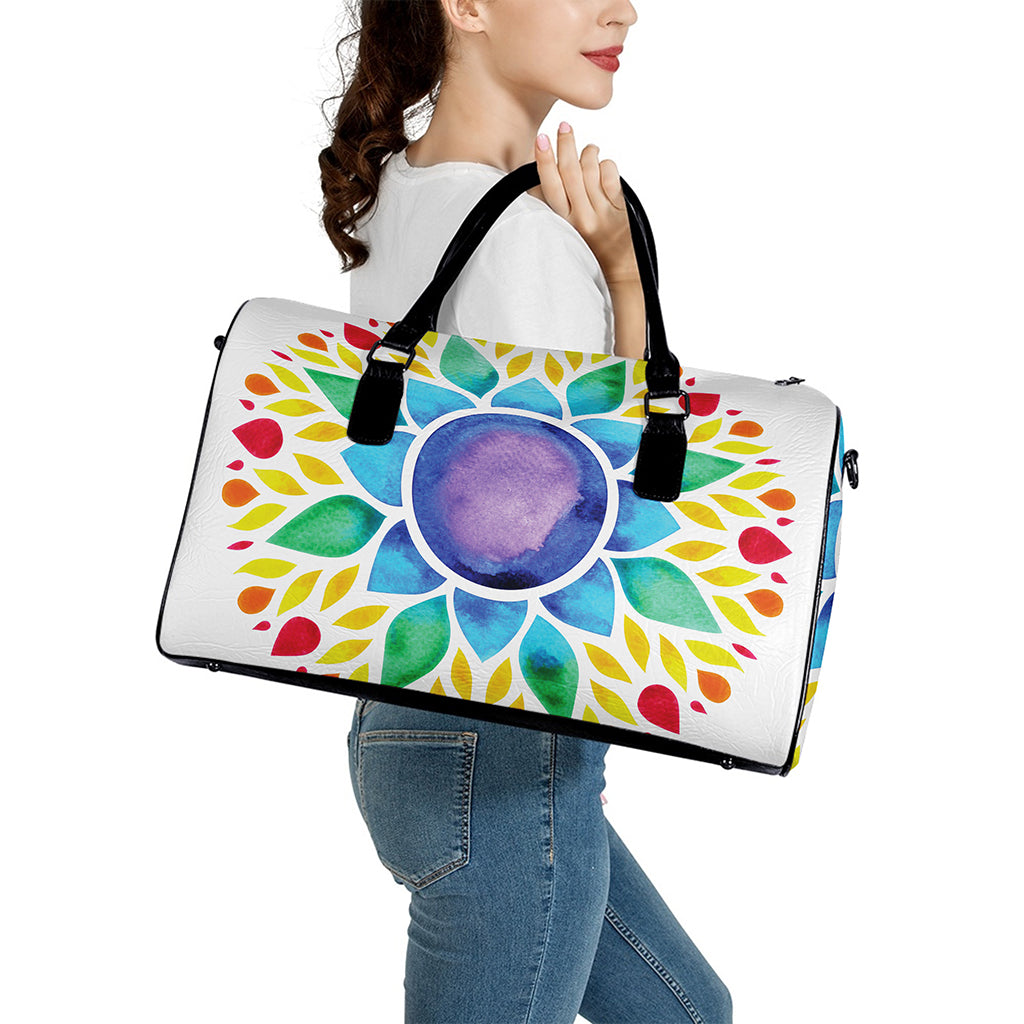 Reiki Chakra Flower Print Leather Duffle Bag