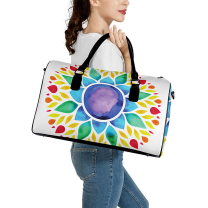 Reiki Chakra Flower Print Leather Duffle Bag