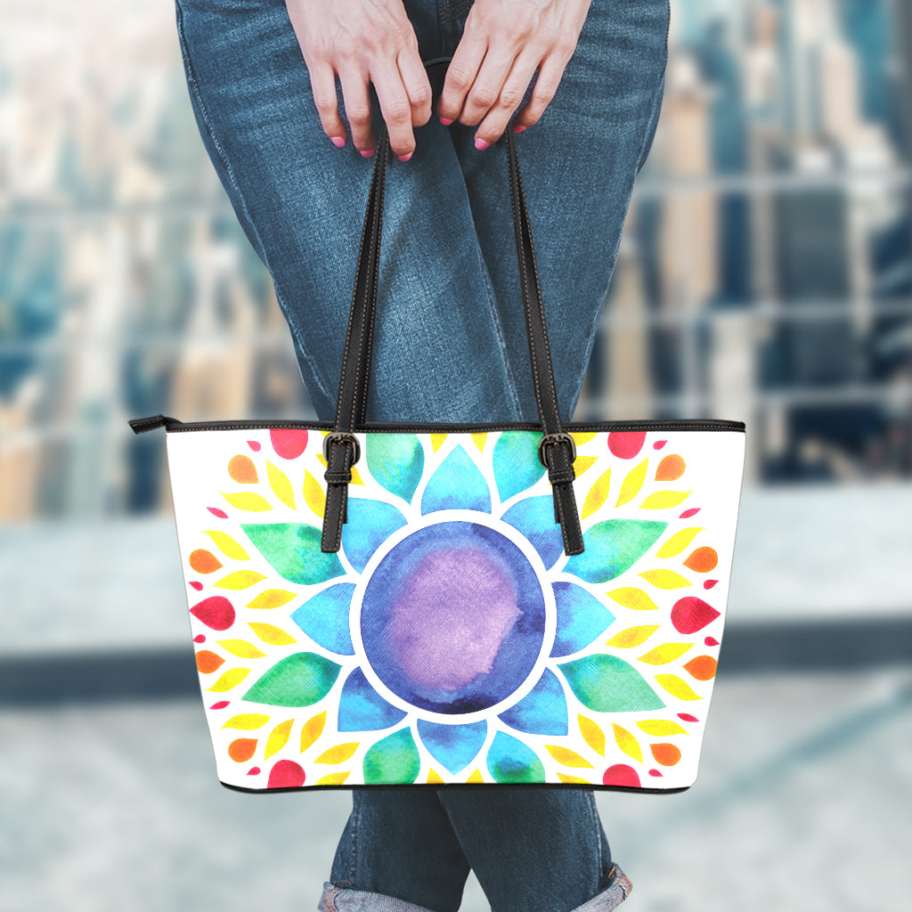 Reiki Chakra Flower Print Leather Tote Bag