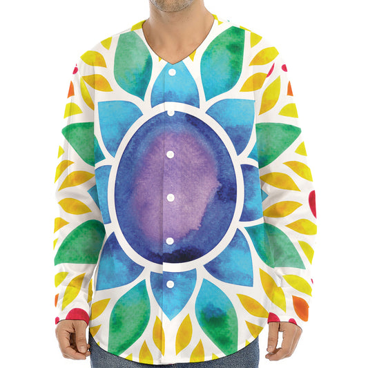 Reiki Chakra Flower Print Long Sleeve Baseball Jersey