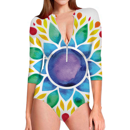 Reiki Chakra Flower Print Long Sleeve Swimsuit
