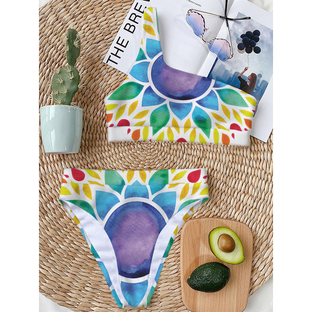 Reiki Chakra Flower Print One Shoulder Bikini Top
