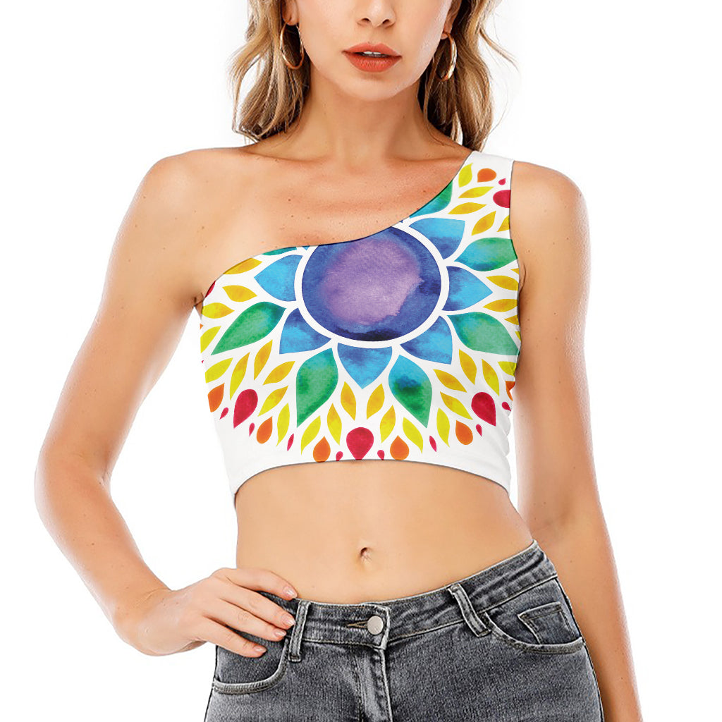 Reiki Chakra Flower Print One Shoulder Crop Top