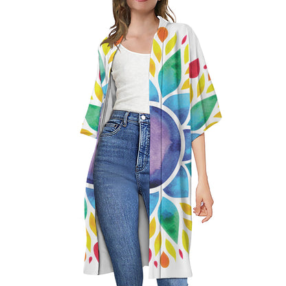 Reiki Chakra Flower Print Open Front Beach Cover Up