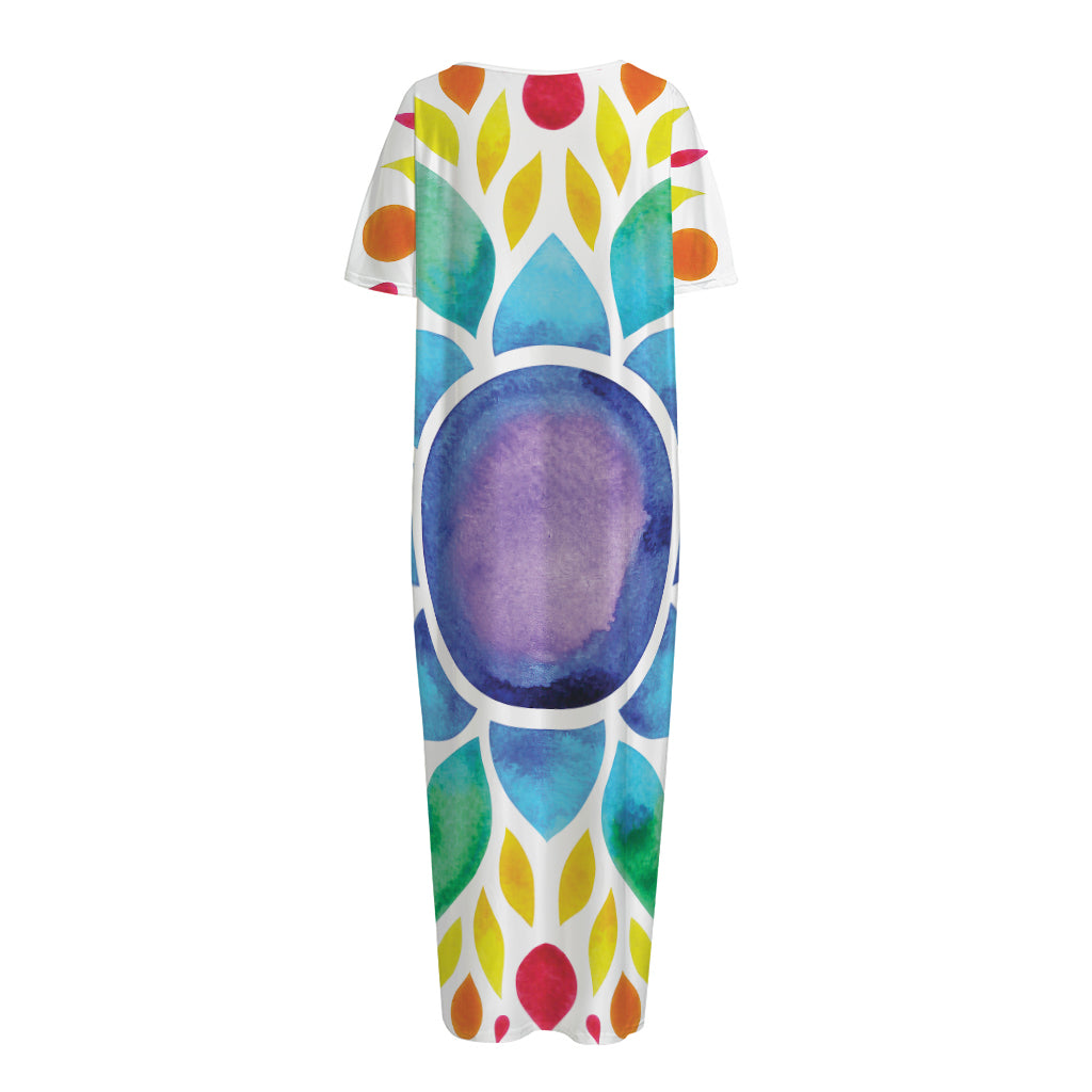 Reiki Chakra Flower Print Short Sleeve Long Nightdress