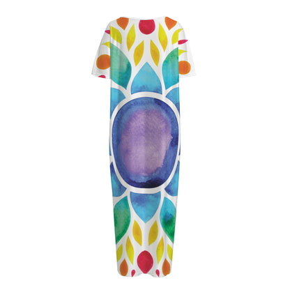 Reiki Chakra Flower Print Short Sleeve Long Nightdress
