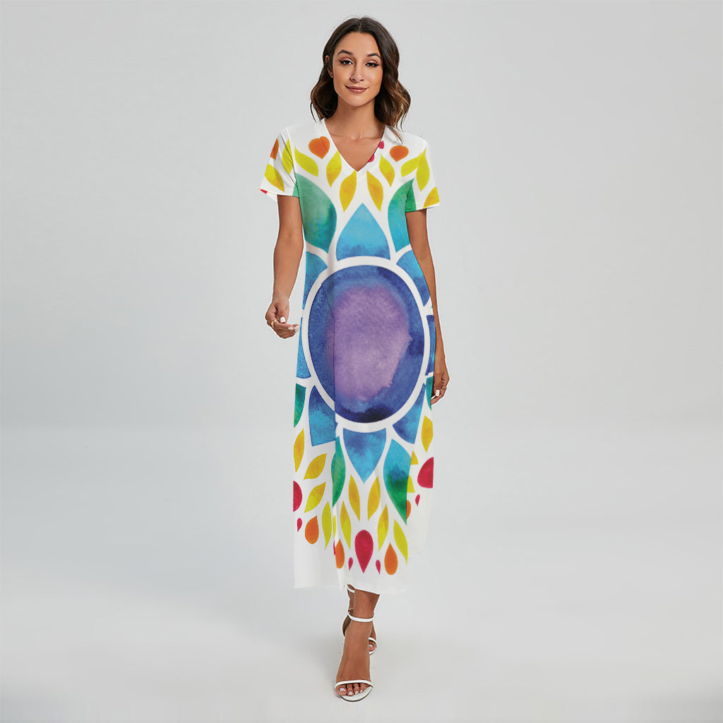 Reiki Chakra Flower Print Short Sleeve Maxi Dress
