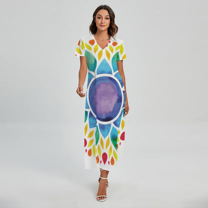 Reiki Chakra Flower Print Short Sleeve Maxi Dress