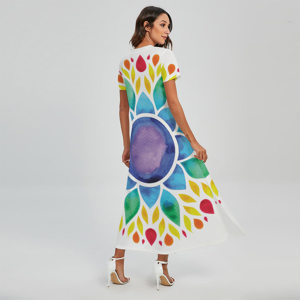 Reiki Chakra Flower Print Short Sleeve Maxi Dress
