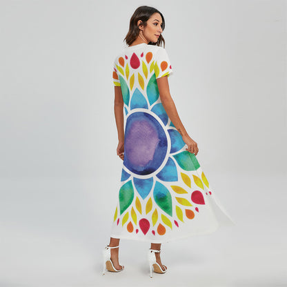 Reiki Chakra Flower Print Short Sleeve Maxi Dress