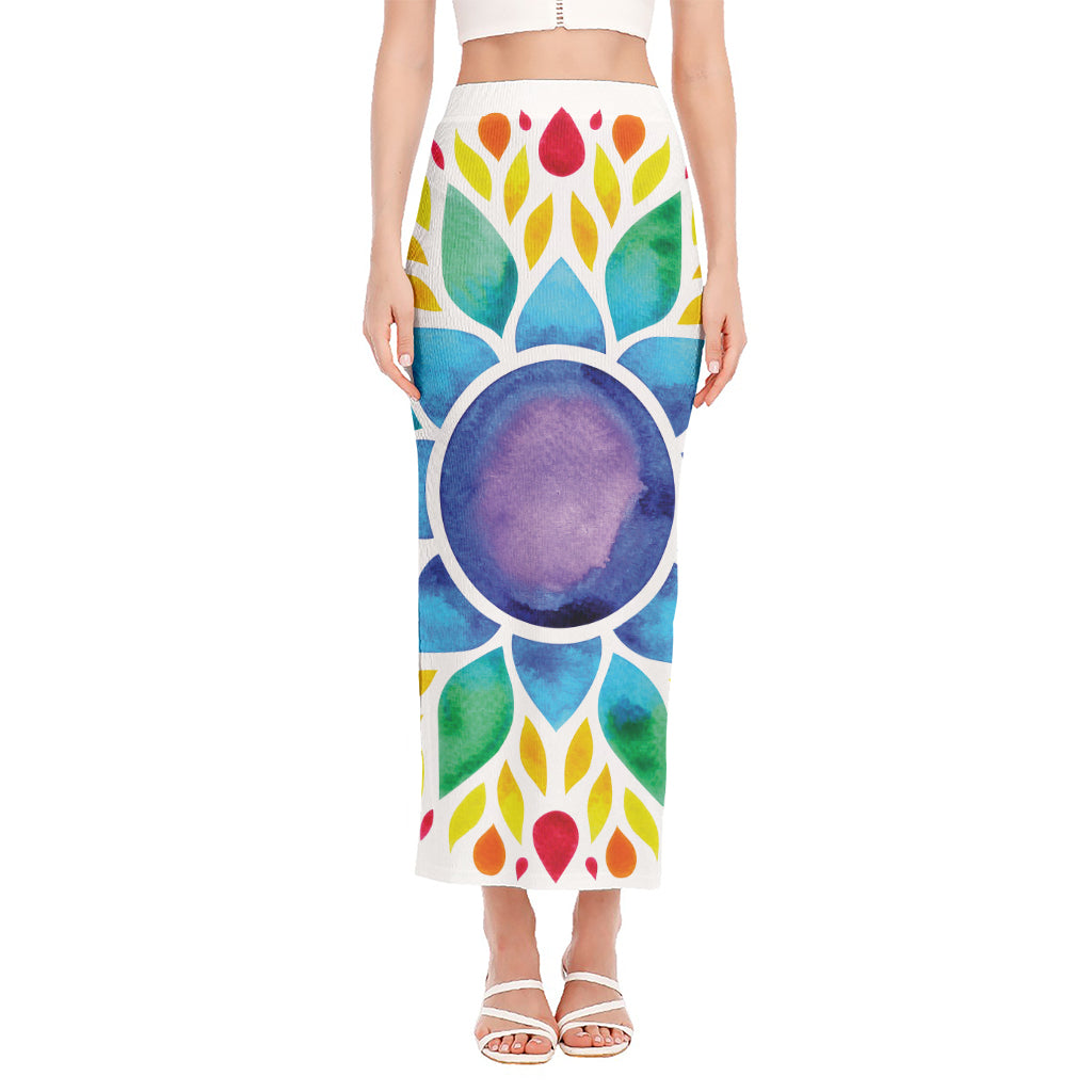 Reiki Chakra Flower Print Side Slit Maxi Skirt