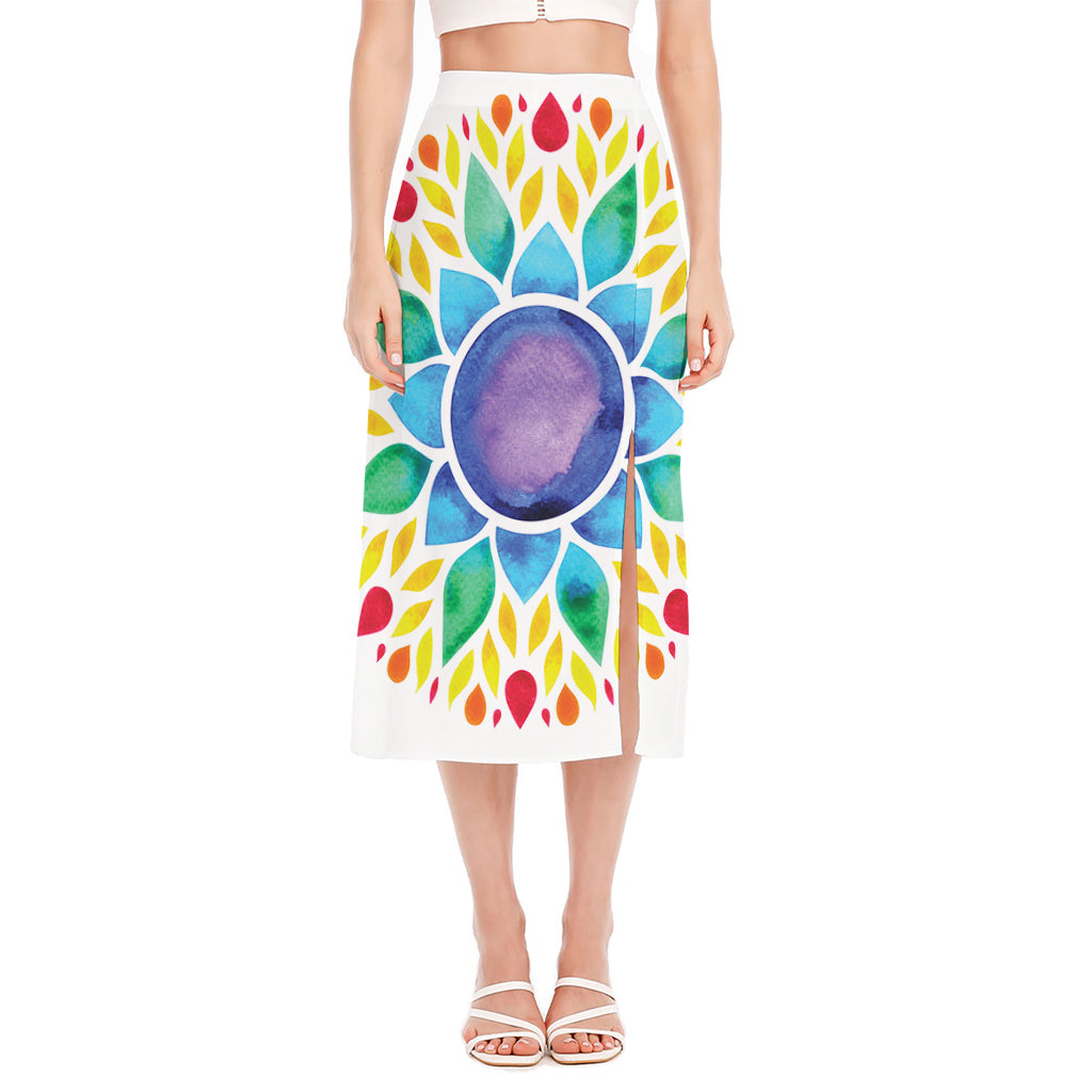 Reiki Chakra Flower Print Side Slit Midi Skirt