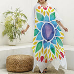 Reiki Chakra Flower Print Silk V-Neck Kaftan Dress