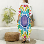 Reiki Chakra Flower Print Silk V-Neck Kaftan Dress