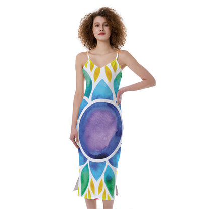 Reiki Chakra Flower Print Slim Fit Midi Cami Dress