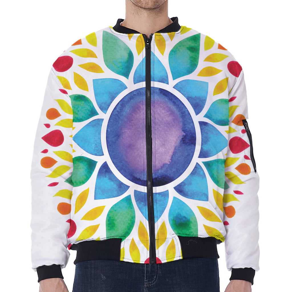 Reiki Chakra Flower Print Zip Sleeve Bomber Jacket