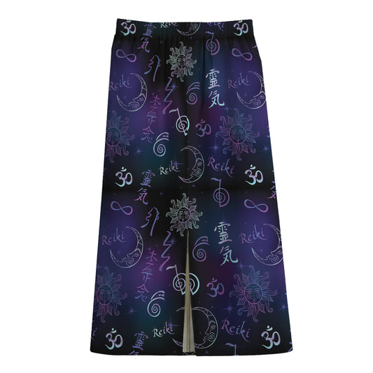 Reiki Energy Pattern Print Cotton Front Slit Maxi Skirt