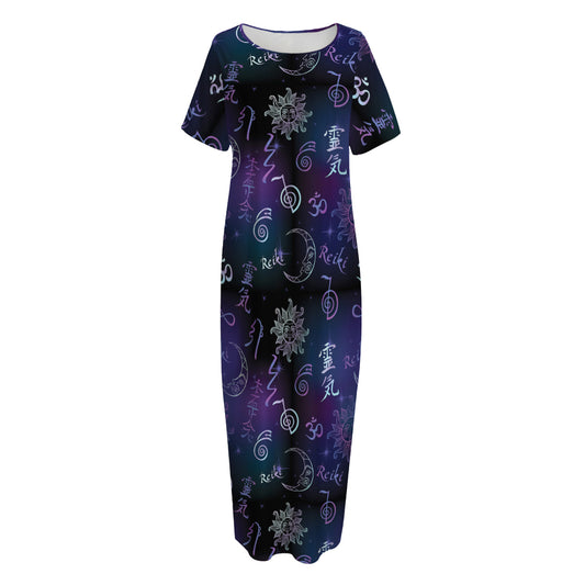 Reiki Energy Pattern Print Short Sleeve Long Nightdress